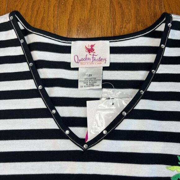 NWT Quaker Factory Embellished Palm Tree V-Neck Tee Short Sleeve Striped size 2X - Picture 3 of 10